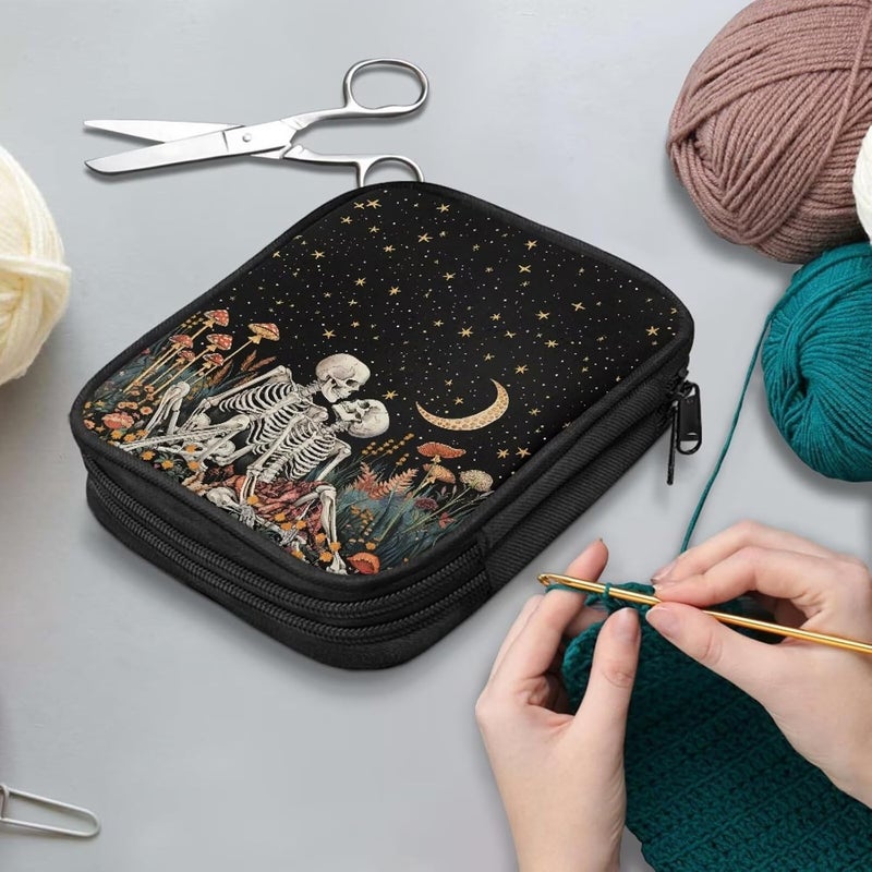 Xsehusvy Skeleton Crochet Hooks Case Portable Zipper Bags Lightweight Travel Storage Bag Organizer with Web Pocket and Elastic Slots for Knitting Needles Good Gifts for Sewing Fans - Image 3